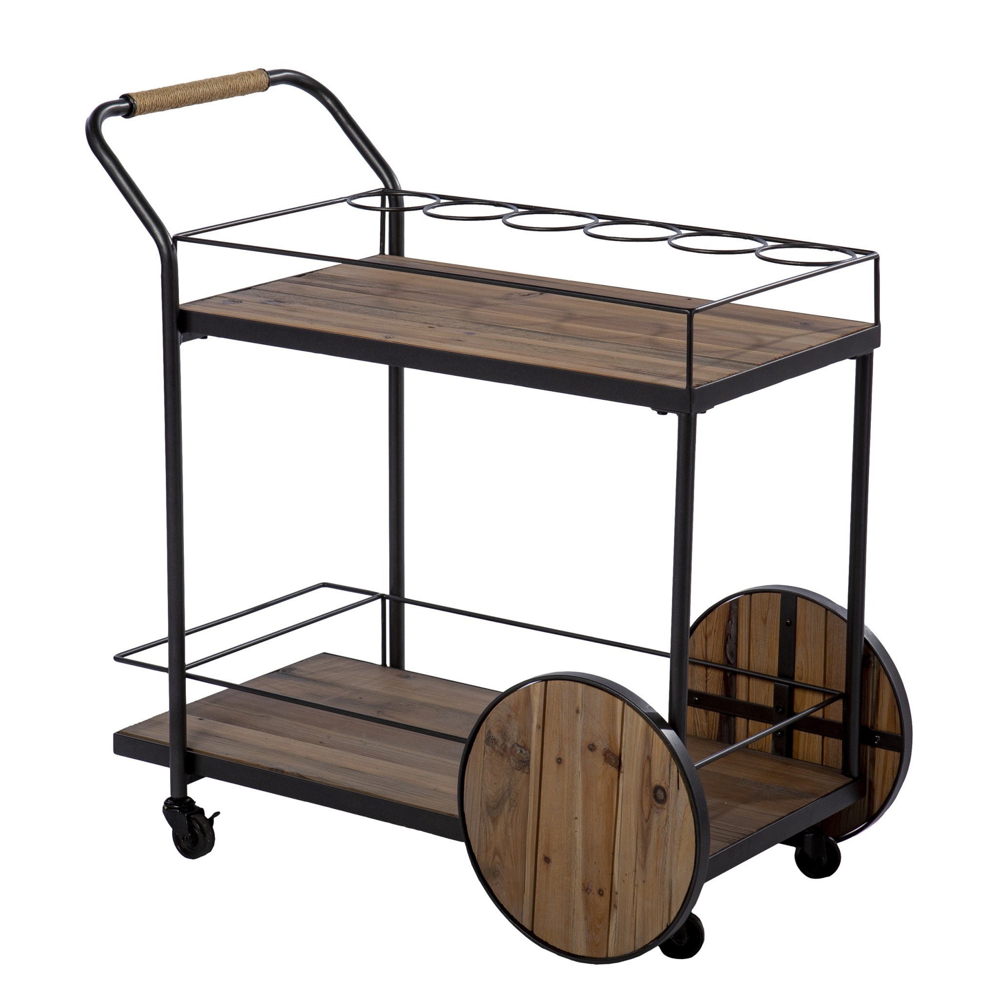 Natural and Black Reclaimed Wood Bar Cart With Wine Storage