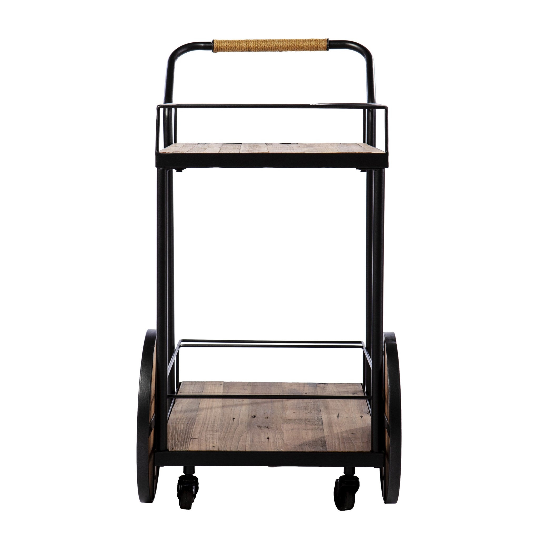 Natural and Black Iron And Reclaimed Wood Rolling Bar Cart With Wine Storage