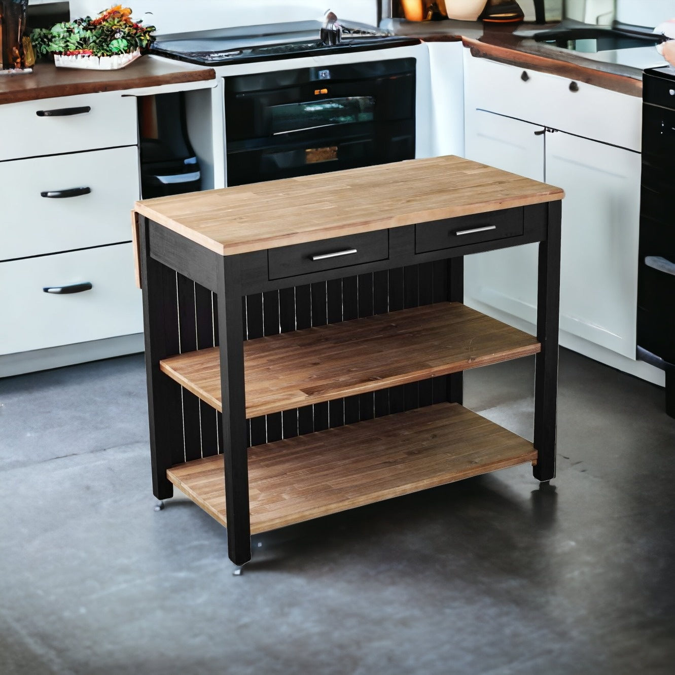 Black and Natural 44" Kitchen Island With Storage