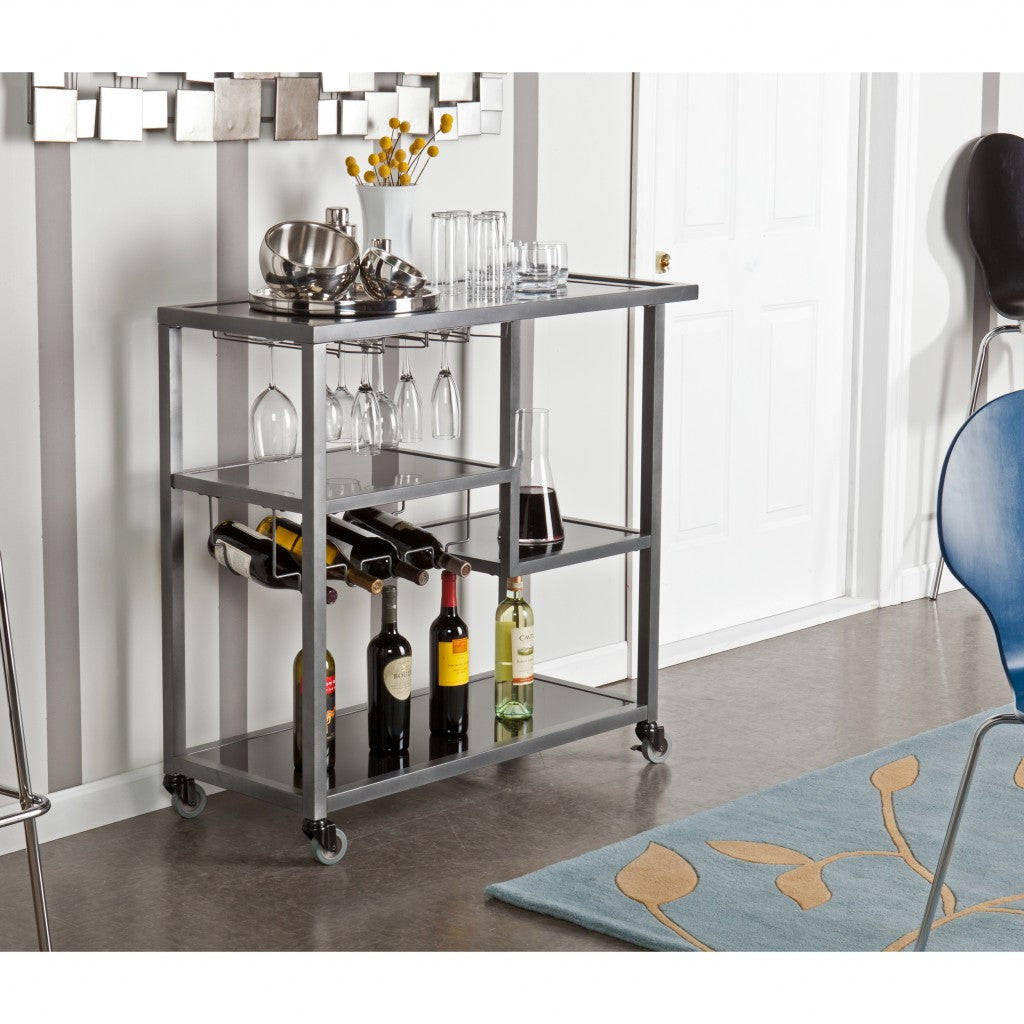 Black and Gray Glass Rolling Bar Cart With Wine Storage