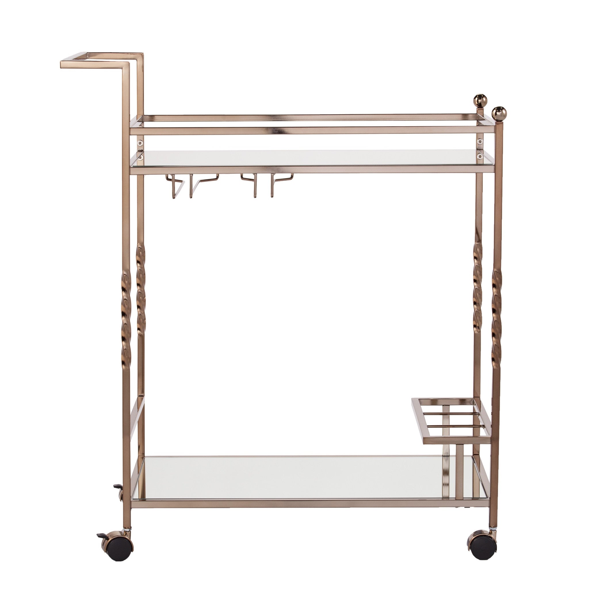 Champagne Metal And Mirrored Glass Rolling Bar Cart With Wine Storage