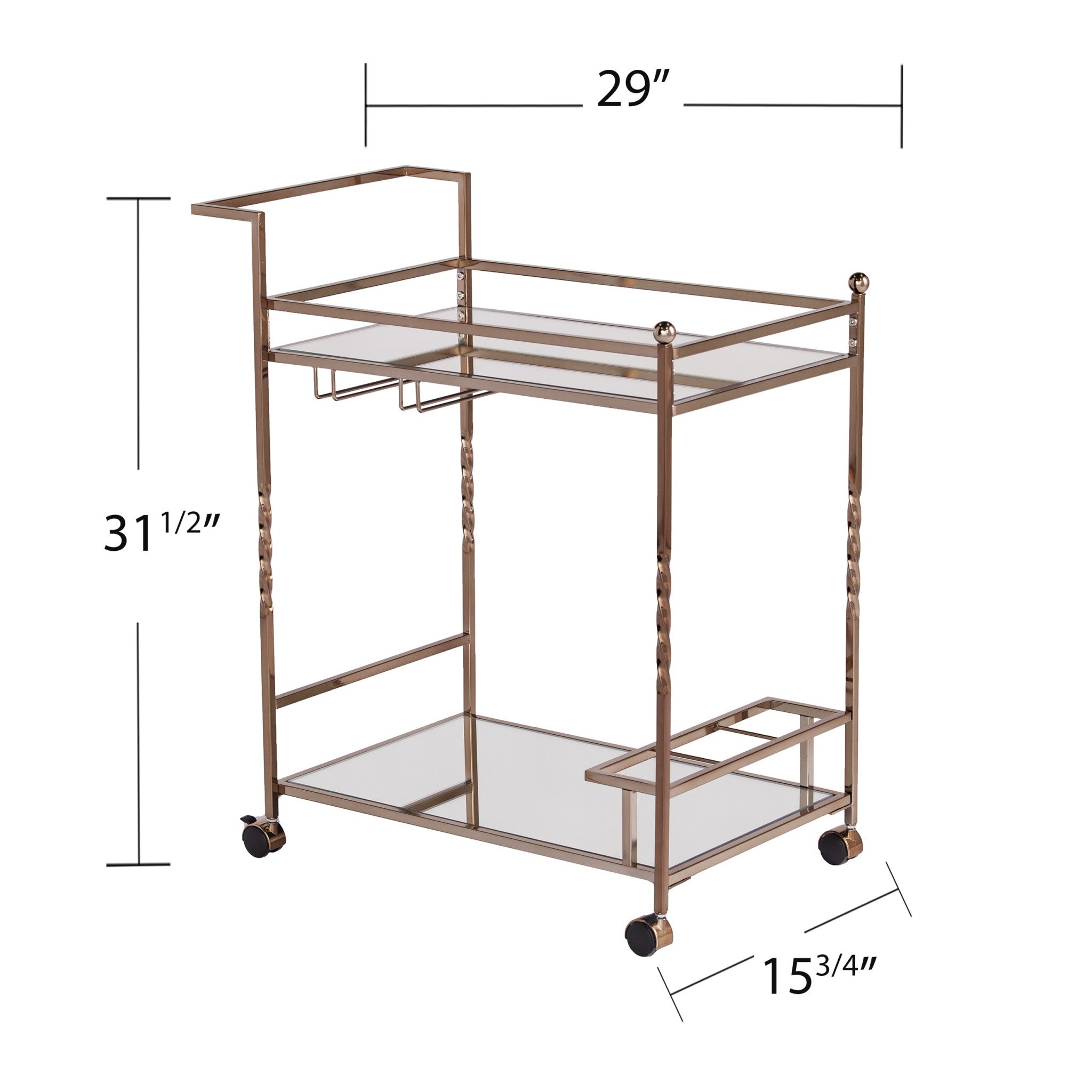 Champagne Metal And Mirrored Glass Rolling Bar Cart With Wine Storage