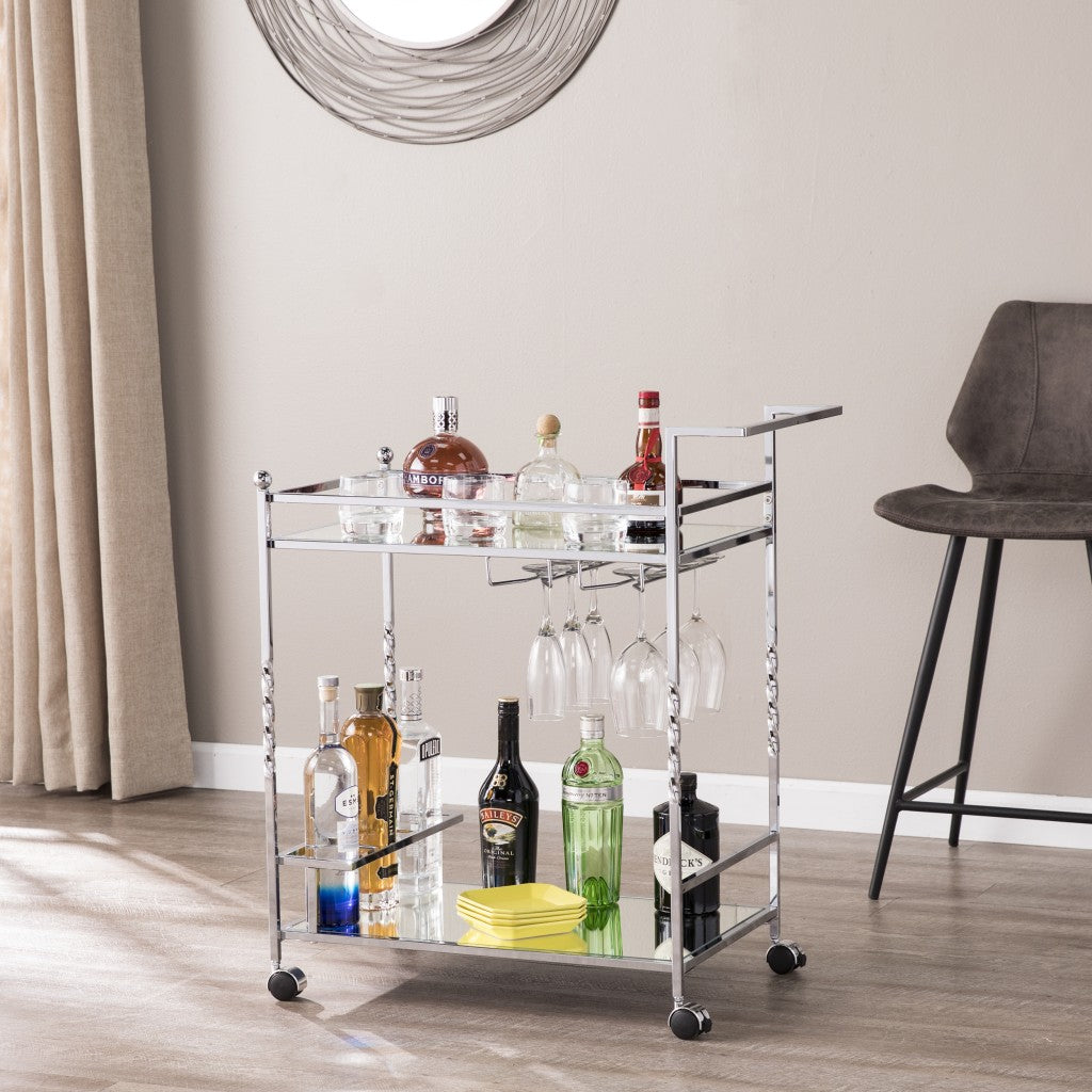 Silver Metal And Mirrored Glass Bar Cart With Wine Storage