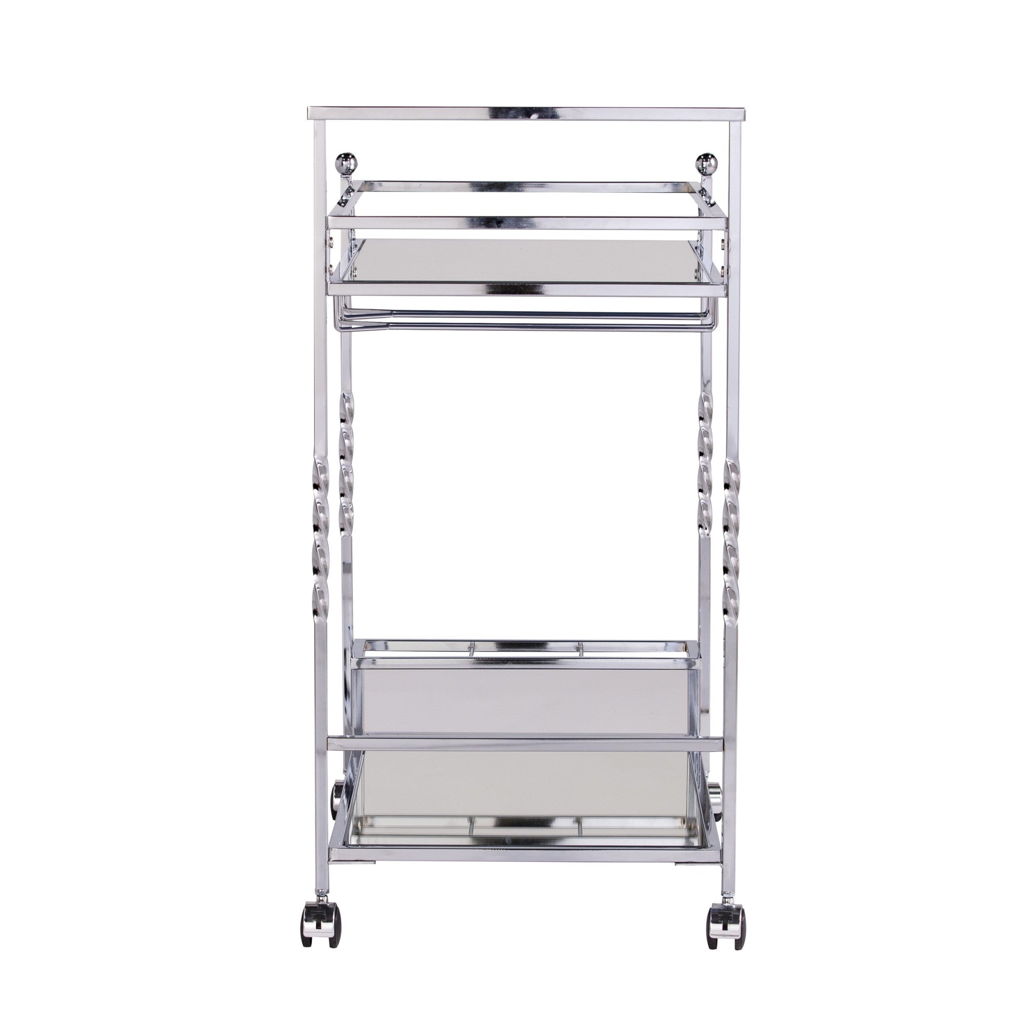 Silver Metal And Mirrored Glass Rolling Bar Cart With Wine Storage