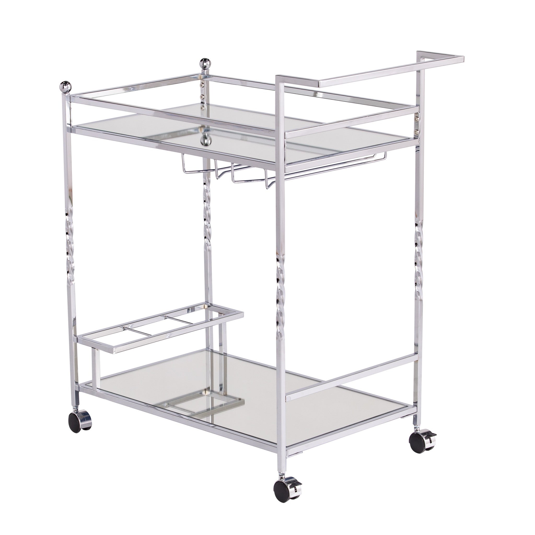 Silver Metal And Mirrored Glass Rolling Bar Cart With Wine Storage