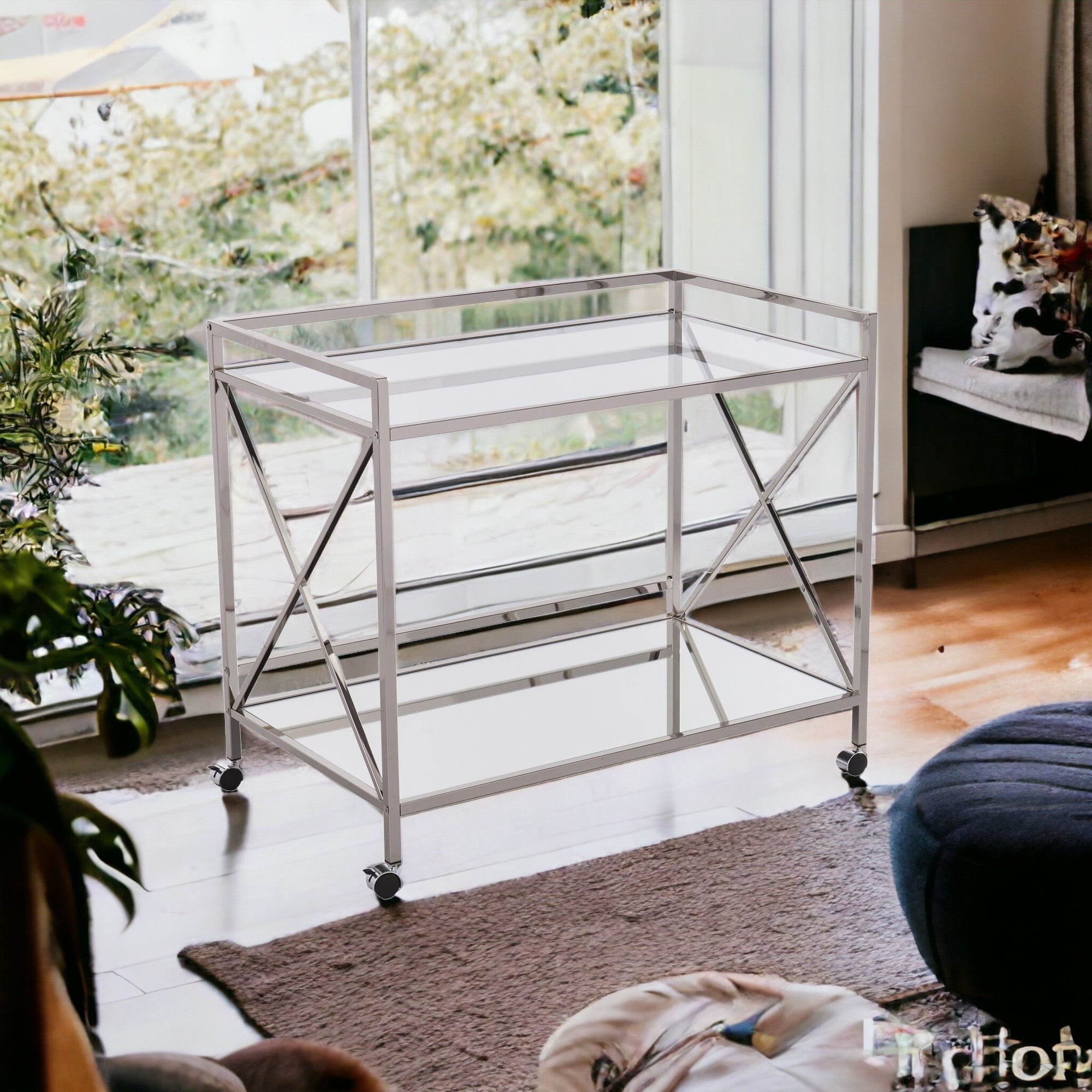 Silver Metal And Mirrored Glass Bar Cart