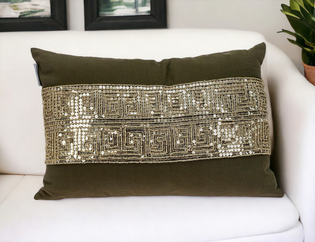 Glam Olive with Gold Sequins Lumbar Throw Pillow