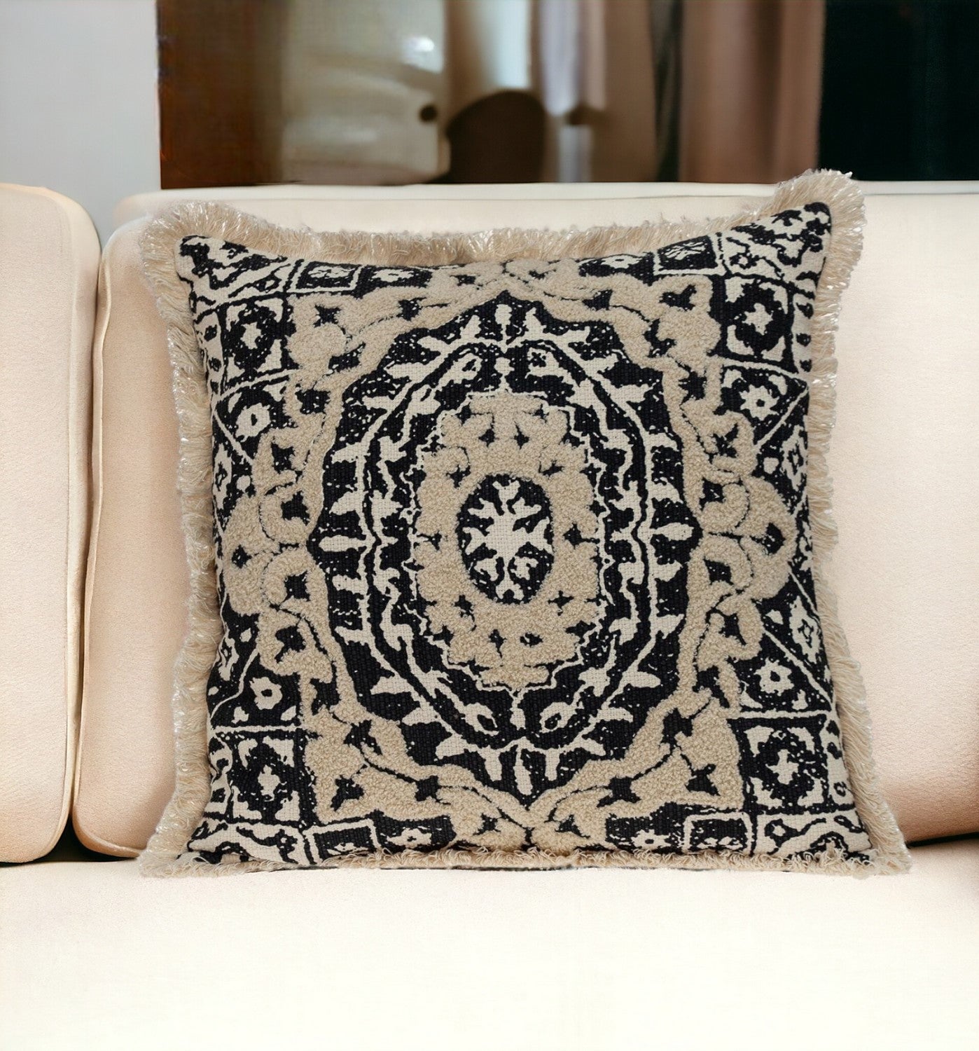 Boho Garland Beige and Black Decorative Accent Pillow