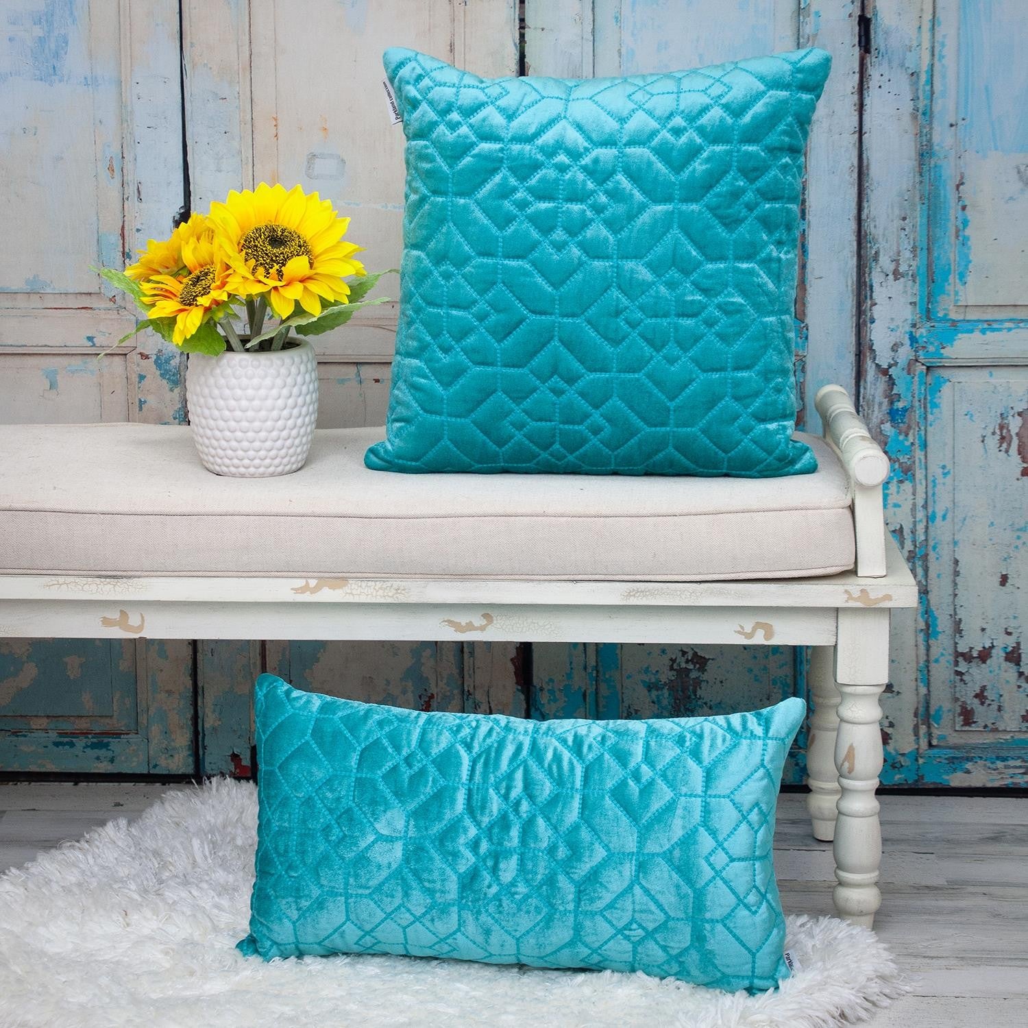 Aqua Quilted Velvet Geo Lumbar Decorative Pillow