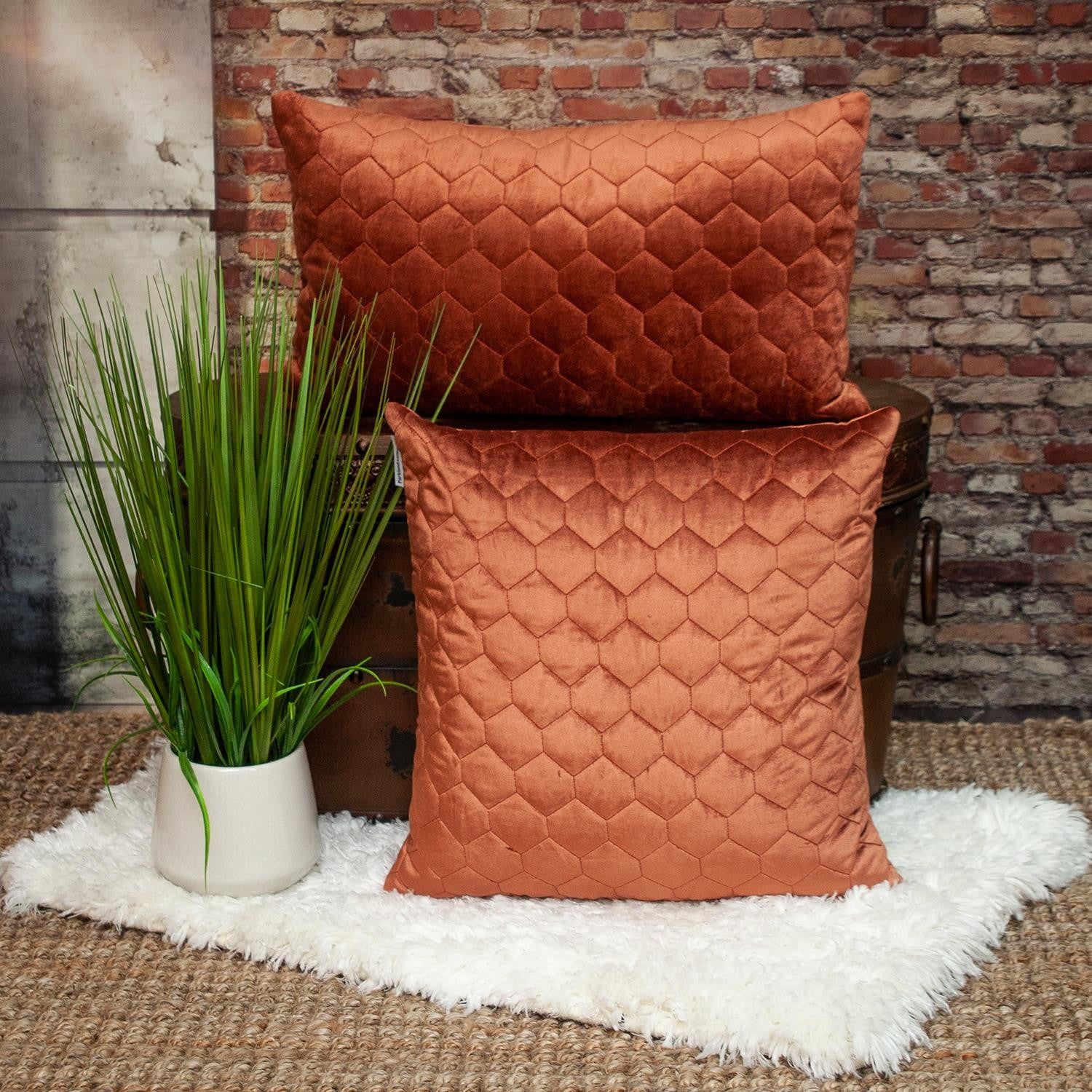 Burnt Orange Tufted Velvet Quilted Throw Pillow