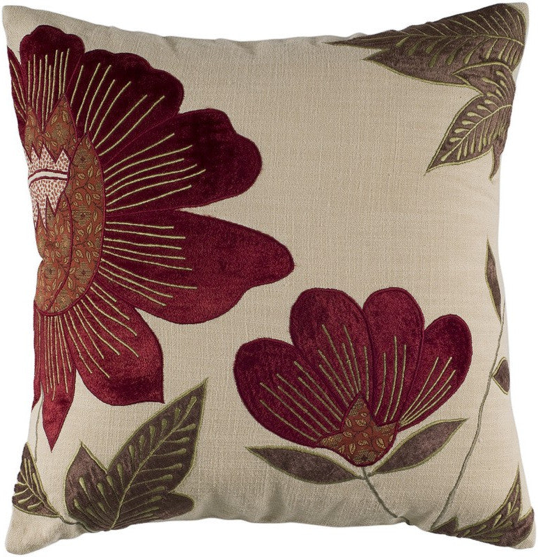 18" Beige and Red Floral Throw Pillow With Embroidery