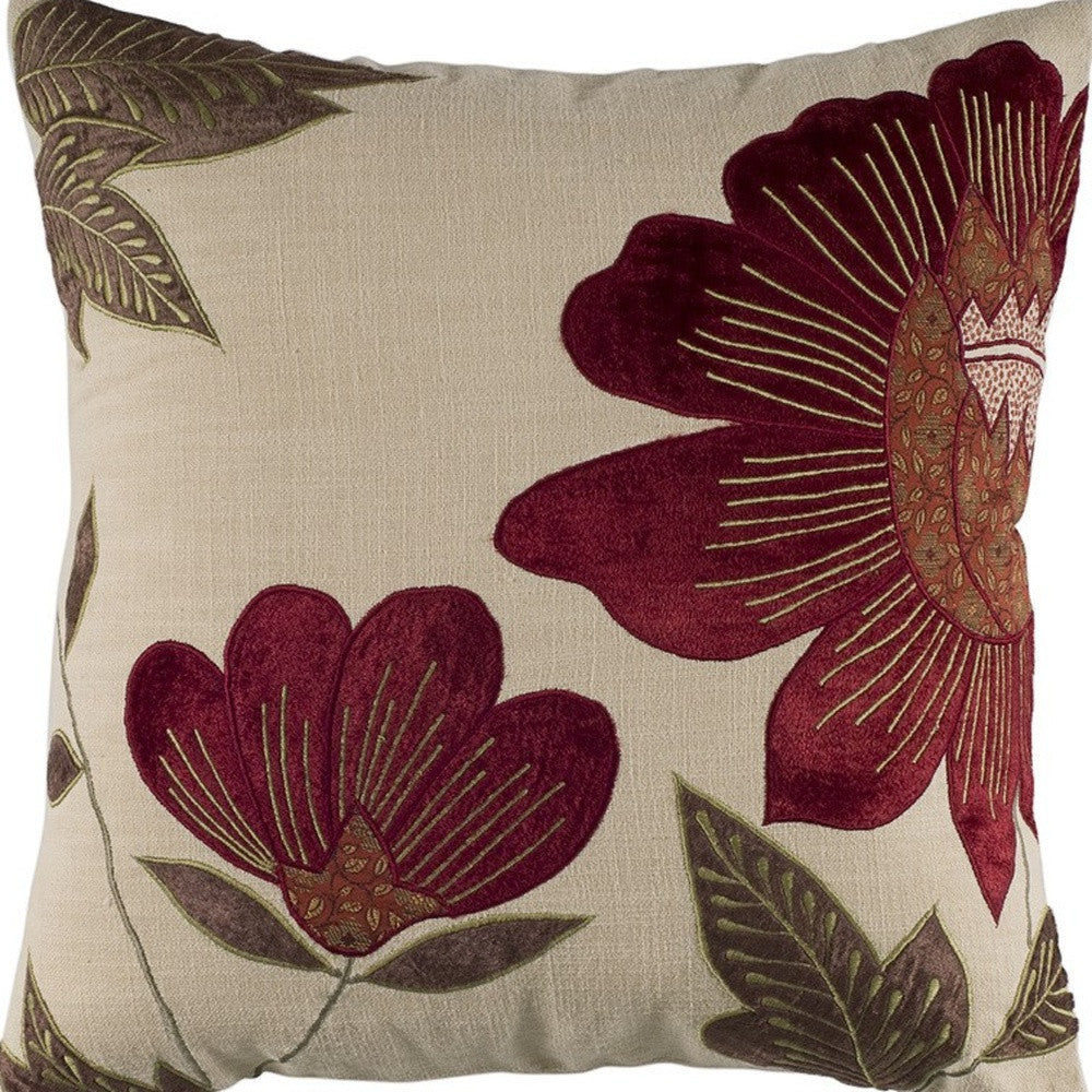 18" Beige and Red Floral Throw Pillow With Embroidery