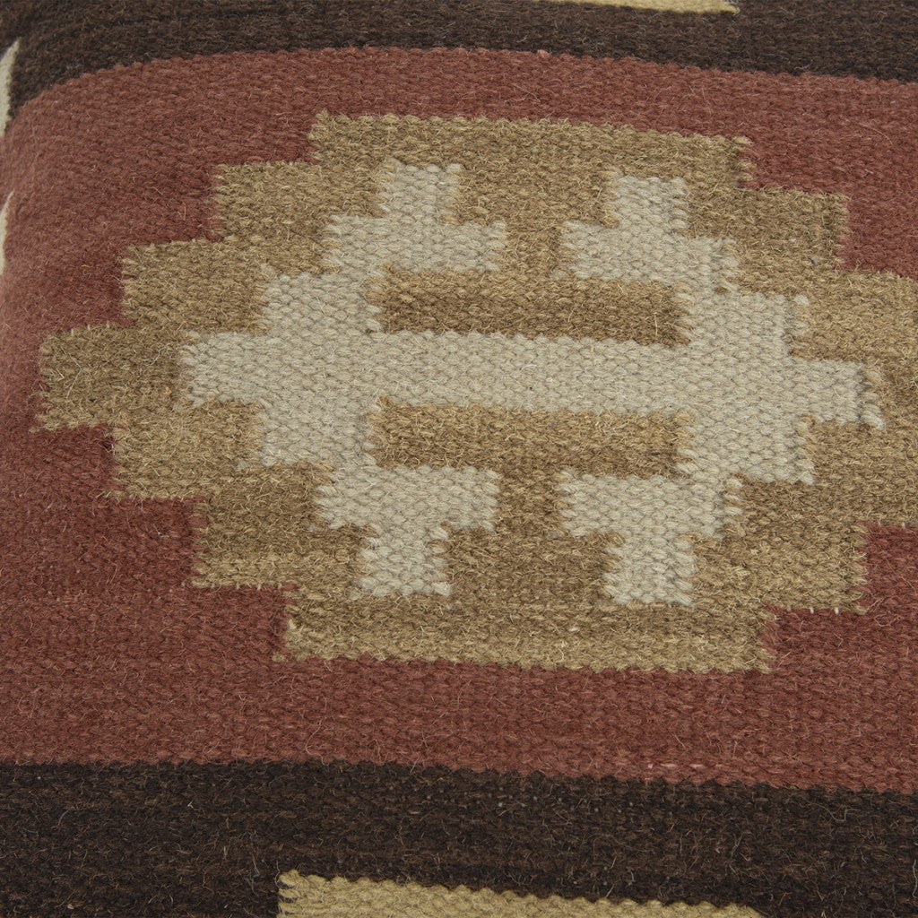 18" Brown and Beige Geometric Jute Wool Blend Throw Pillow