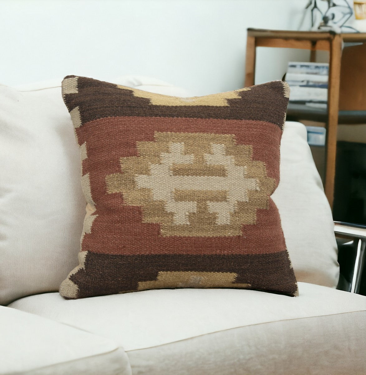 18" Brown and Beige Geometric Jute Wool Blend Throw Pillow