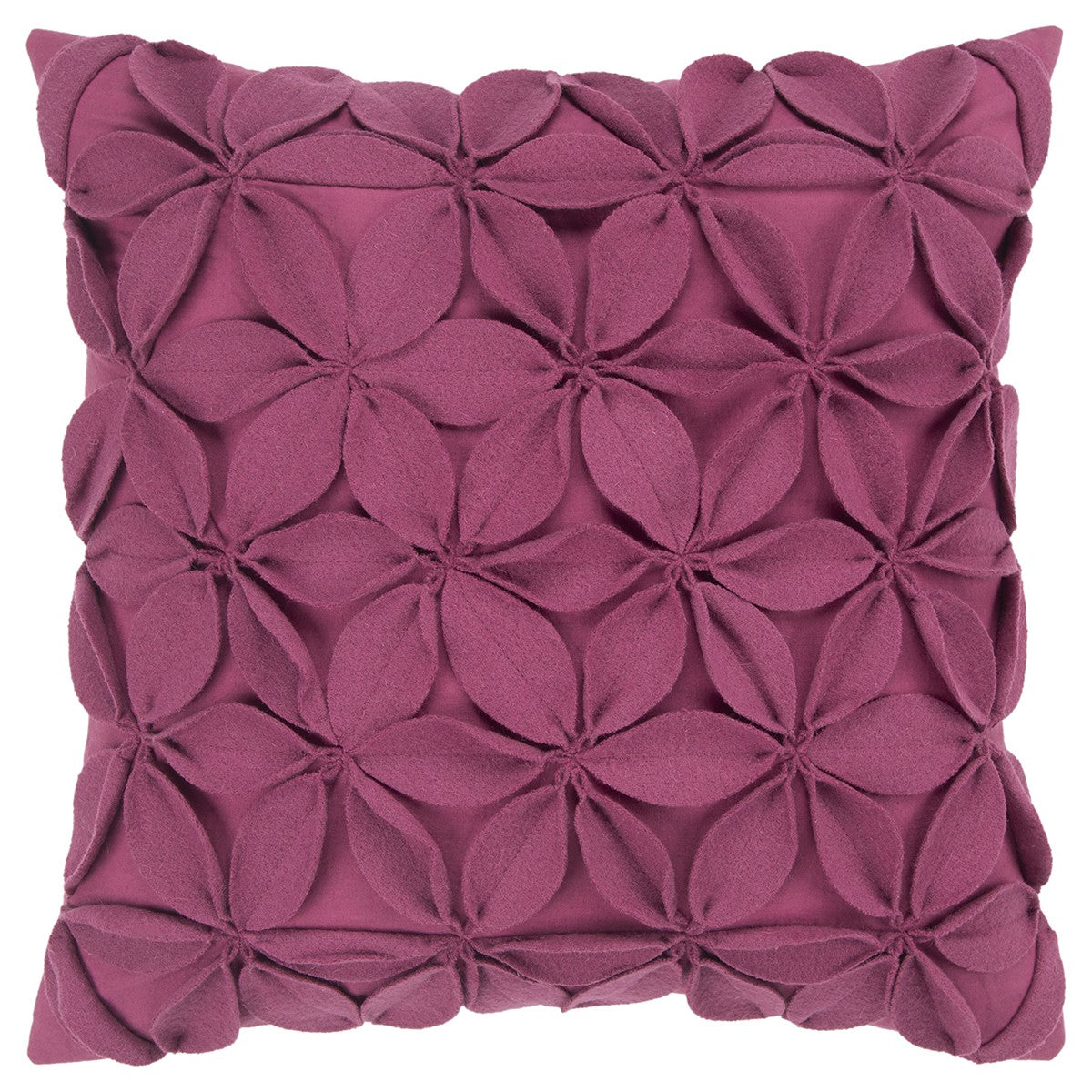 18" Magenta Floral Wool Blend Throw Pillow With Applique