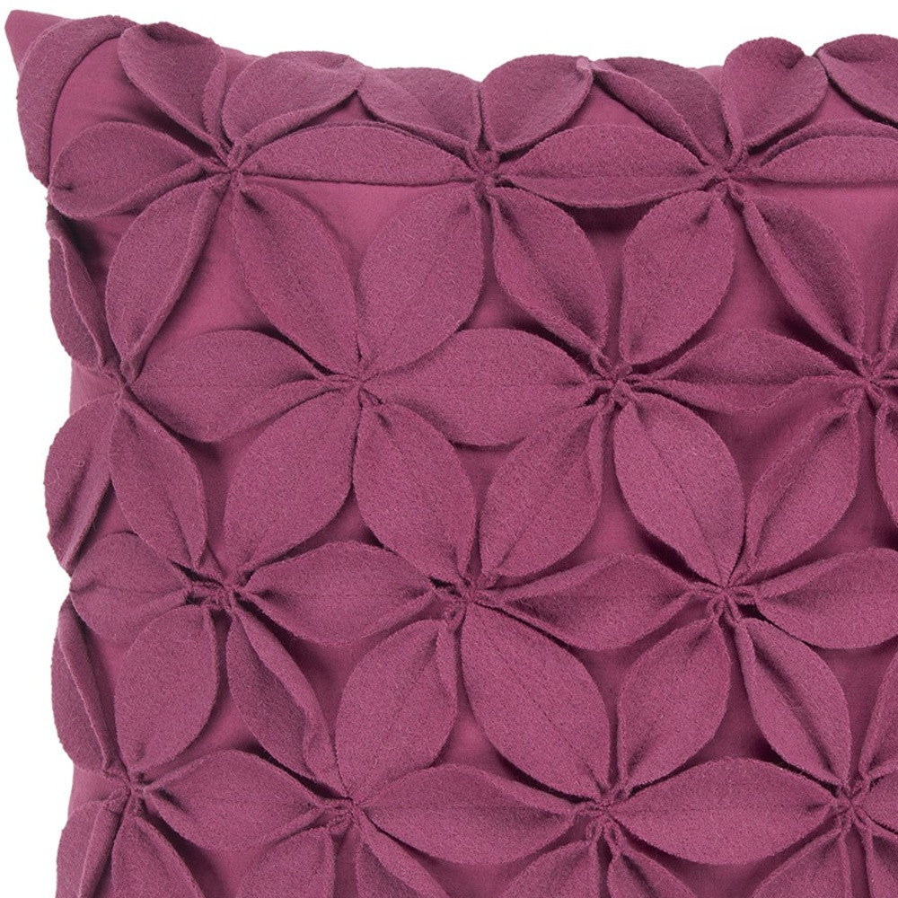 18" Magenta Floral Wool Blend Throw Pillow With Applique