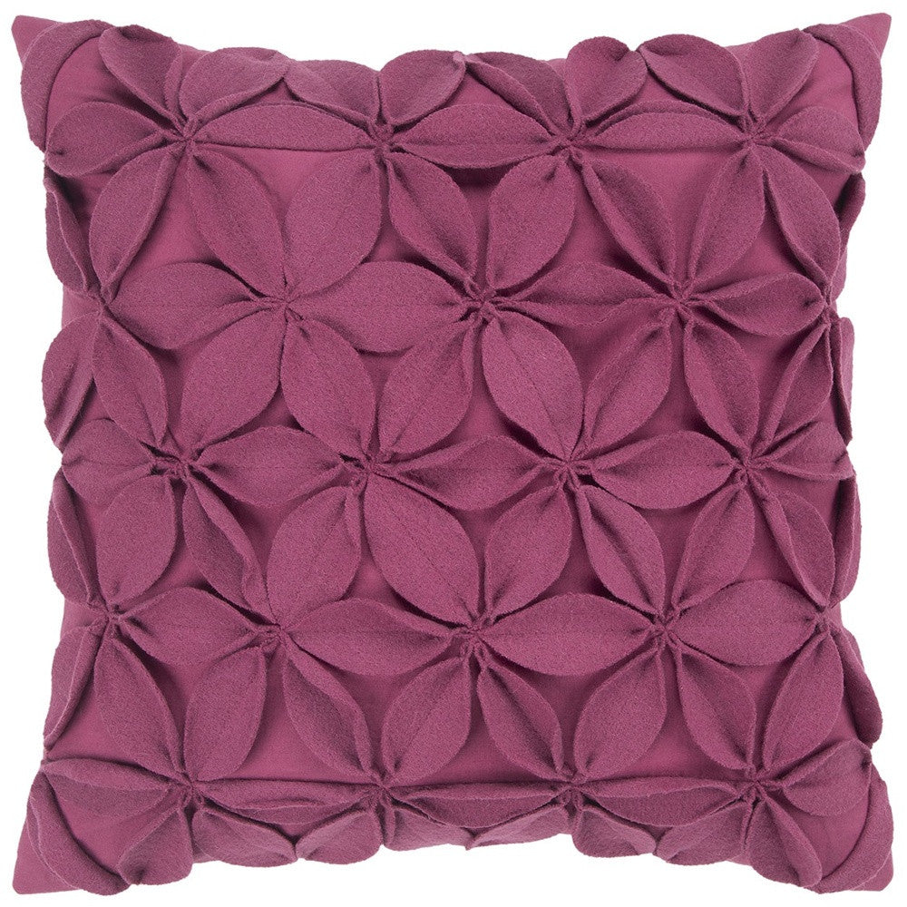 18" Magenta Floral Wool Blend Throw Pillow With Applique