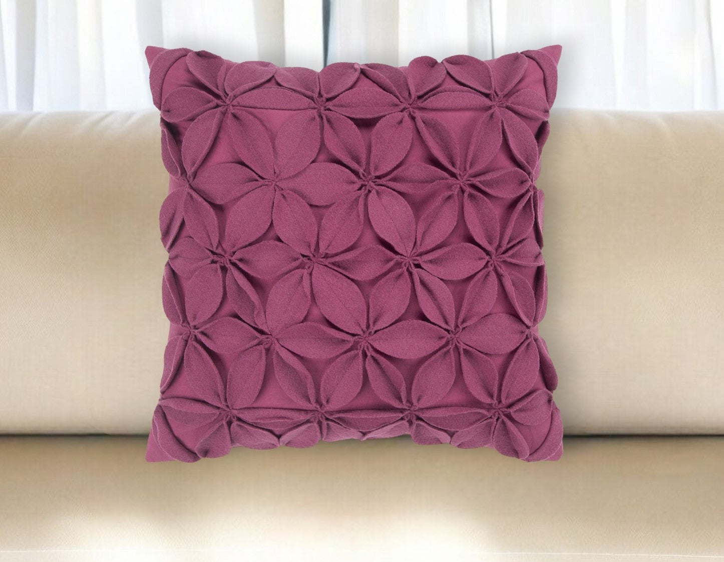 18" Magenta Floral Wool Blend Throw Pillow With Applique