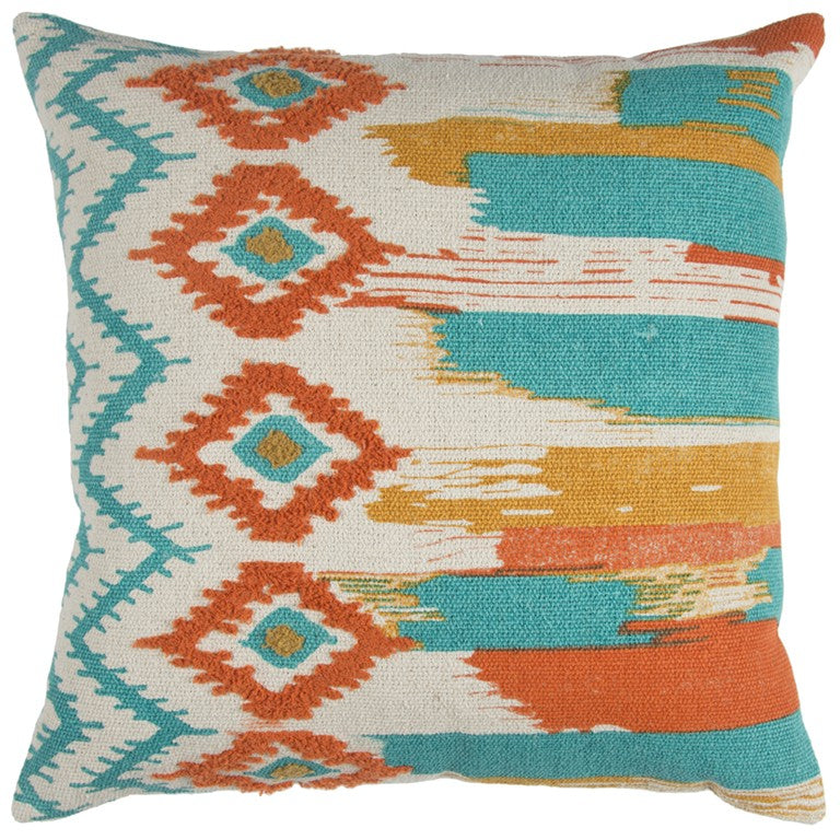 20" X 20" Ivory Blue and Orange Ikat Cotton Zippered Pillow With Embroidery