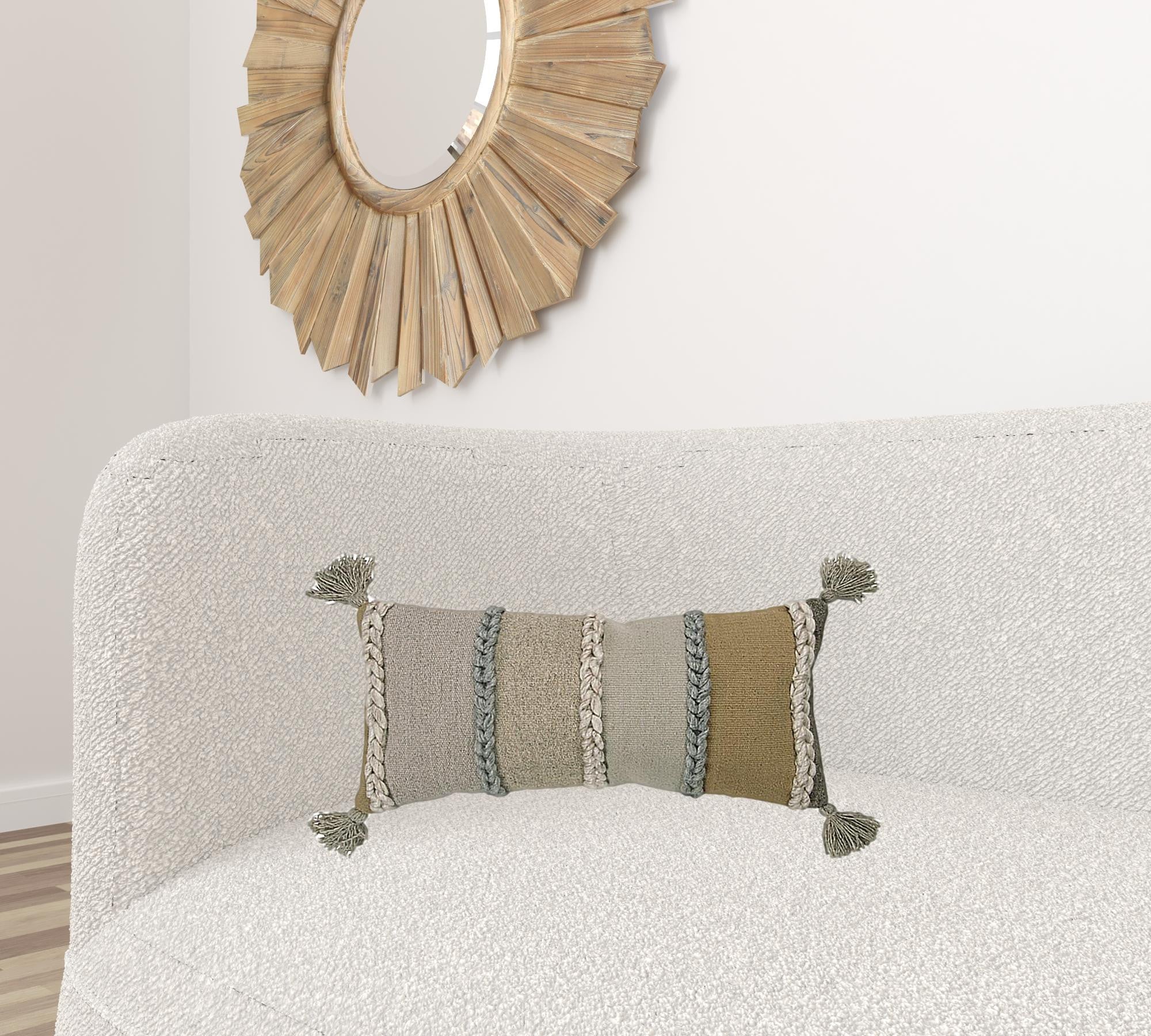 Beige Brown Braided Stripe Lumbar Pillow