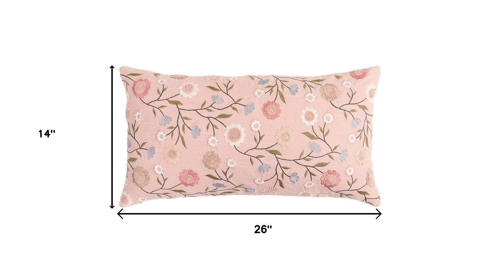 14" X 26" Blush Floral Cotton Throw Pillow With Embroidery