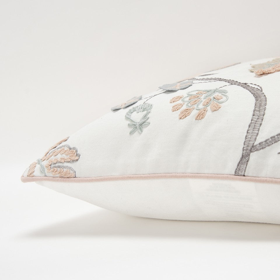 20" White and Tan Jacobean Floral Cotton Throw Pillow With Applique and Embroidery