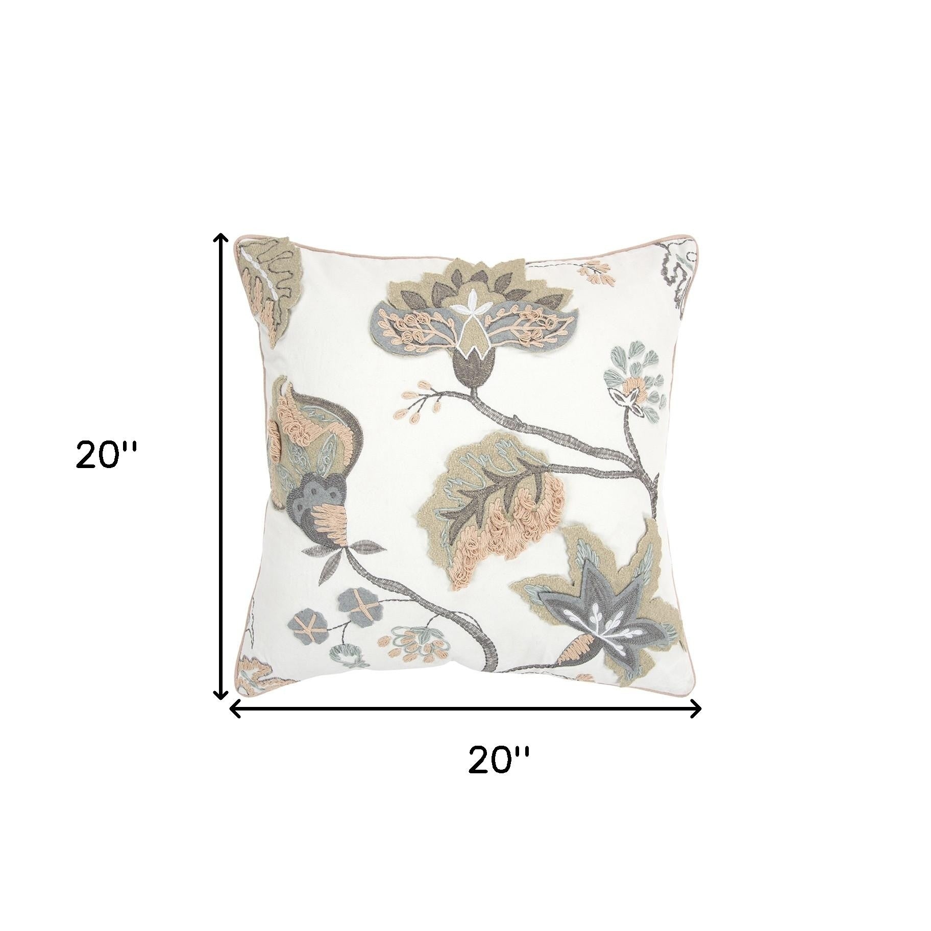 20" White and Tan Jacobean Floral Cotton Throw Pillow With Applique and Embroidery