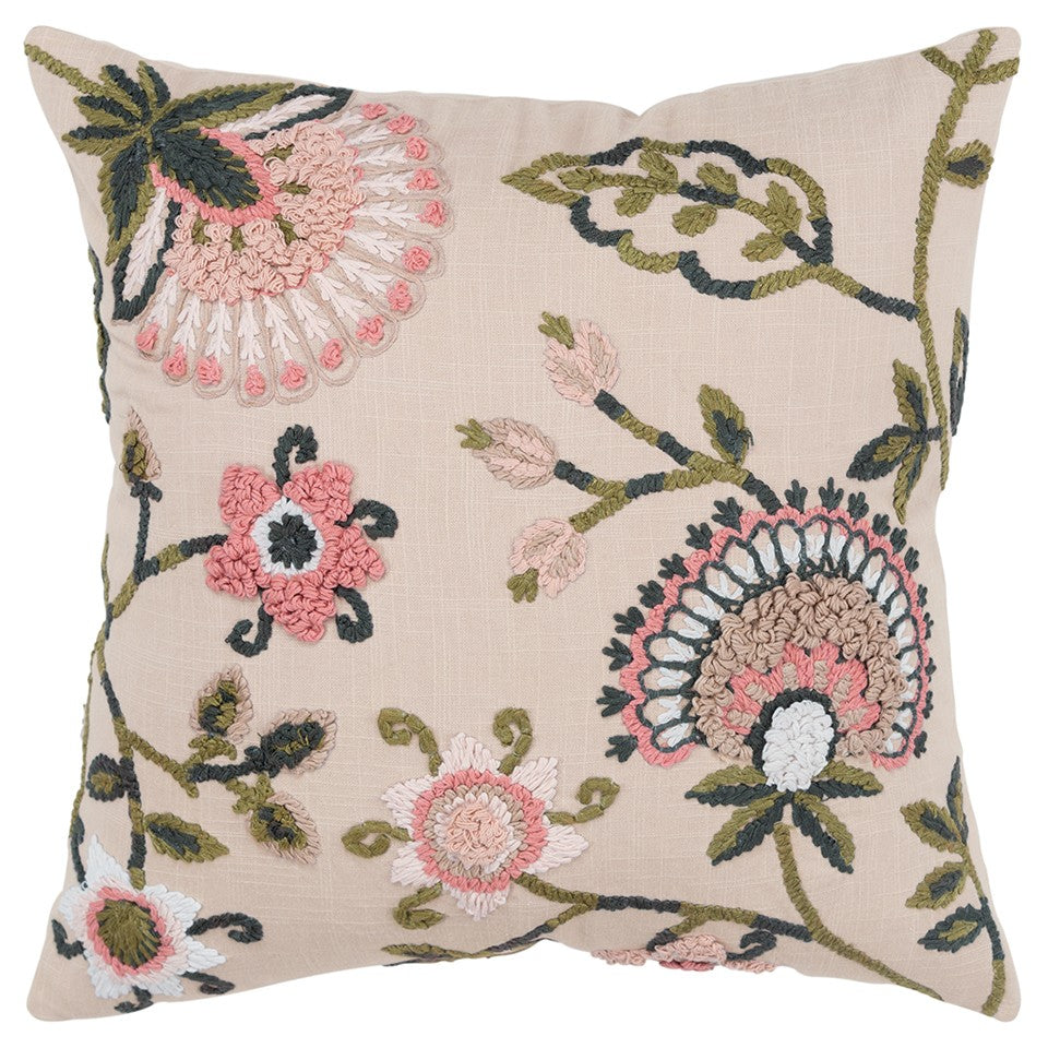 20" White and Tan Jacobean Floral Cotton Throw Pillow With Applique and Embroidery