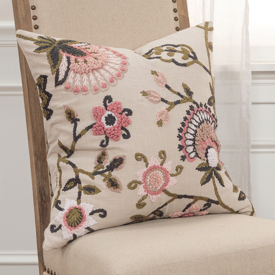 20" White and Tan Jacobean Floral Cotton Throw Pillow With Applique and Embroidery