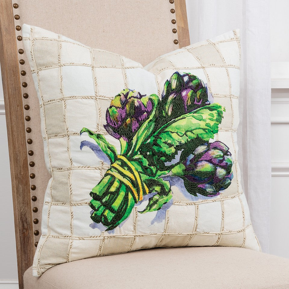 White Green Artichoke Waffled Throw Pillow