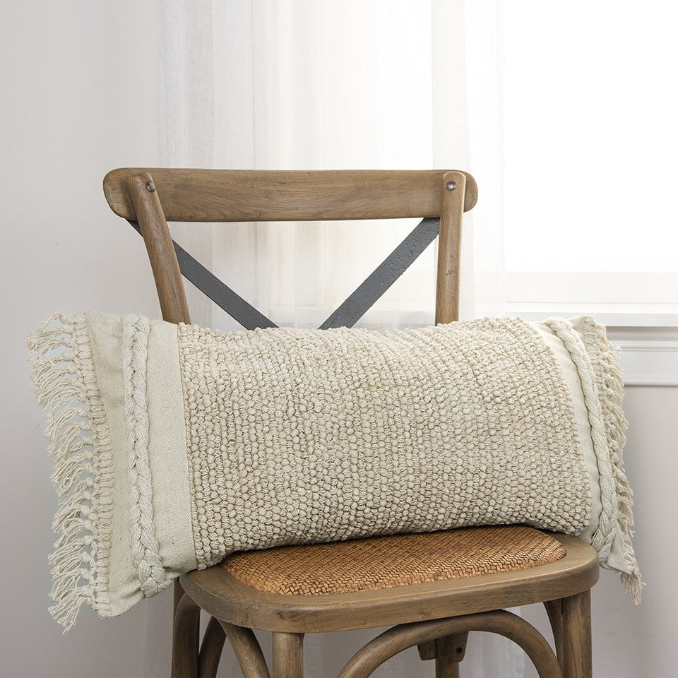 Ivory Braided Stripe Macrame Fringe Lumbar Pillow