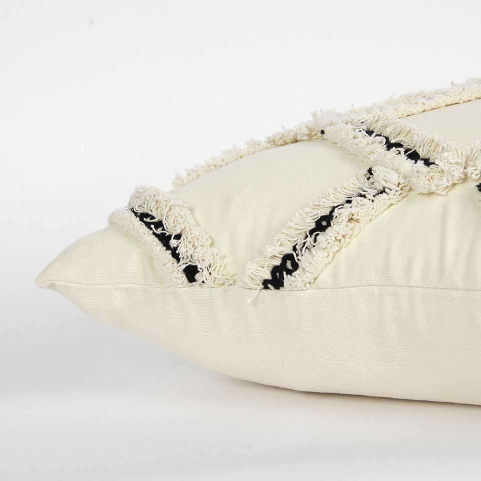 18" Cream and Black Textured Lattice Throw Pillow