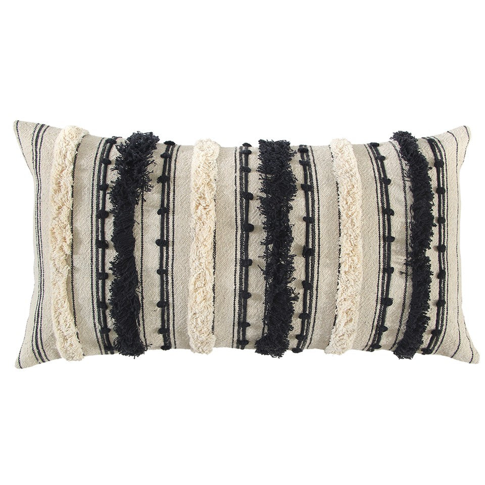 Beige Black Eyelash Fringe Textured Lumbar Pillow