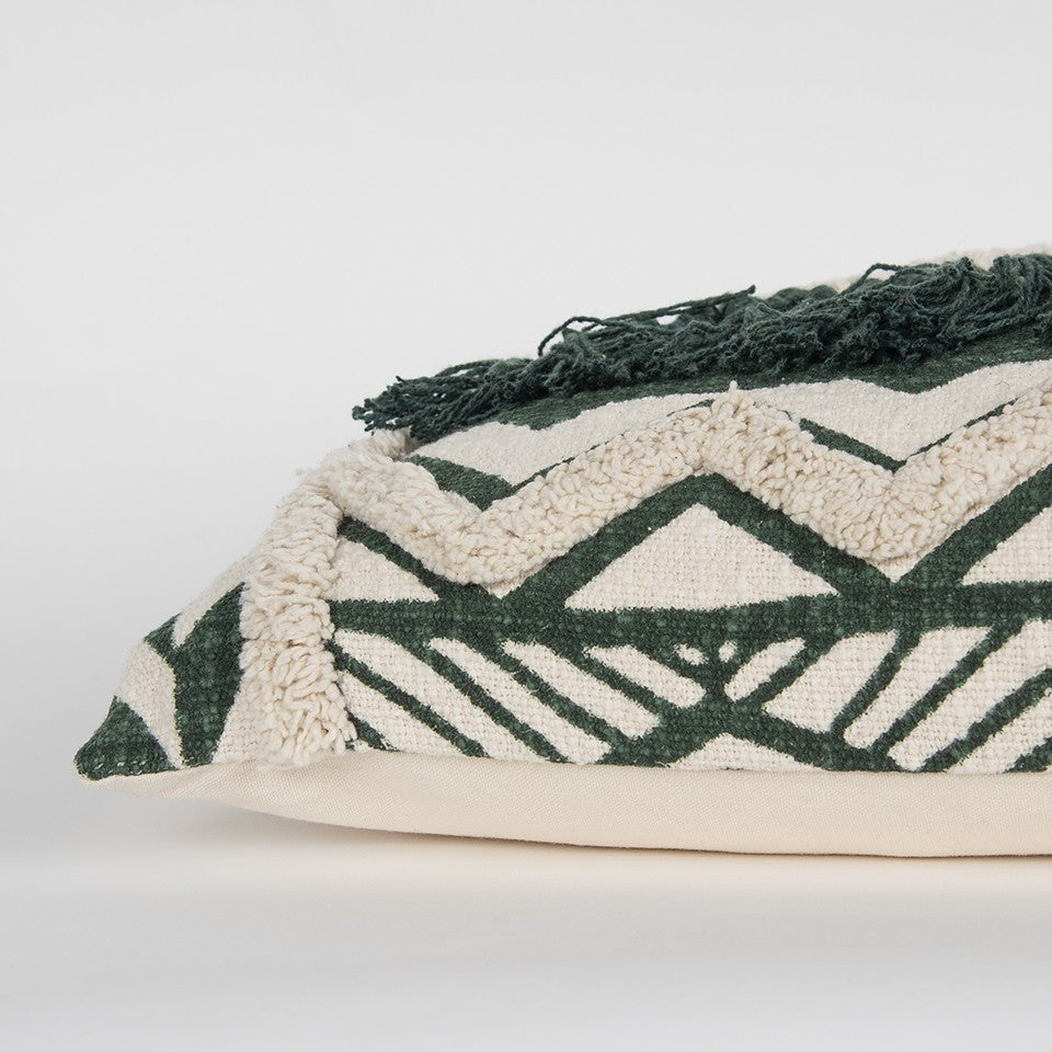 Ivory Green Geometric Boho Chic Lumbar Pillow