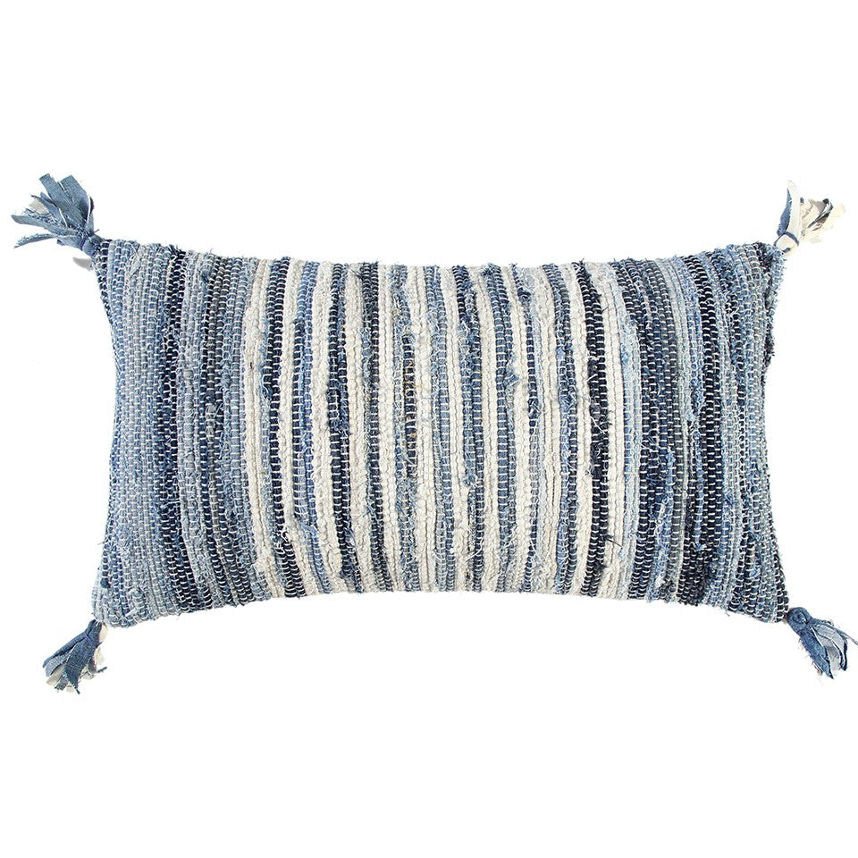 Denim Blue Repurposed Woven Strips Lumbar Pillow