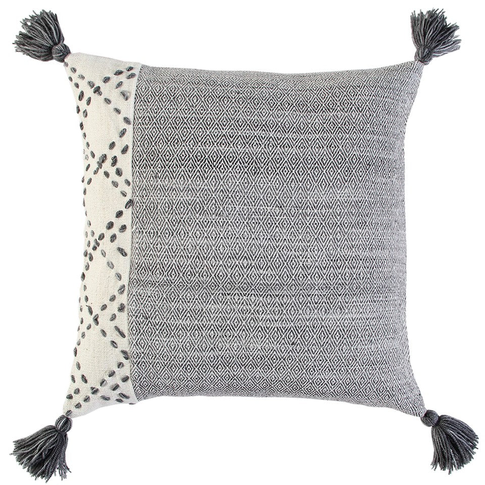 20" Gray and Ivory Herringbone Cotton Throw Pillow With Tassels