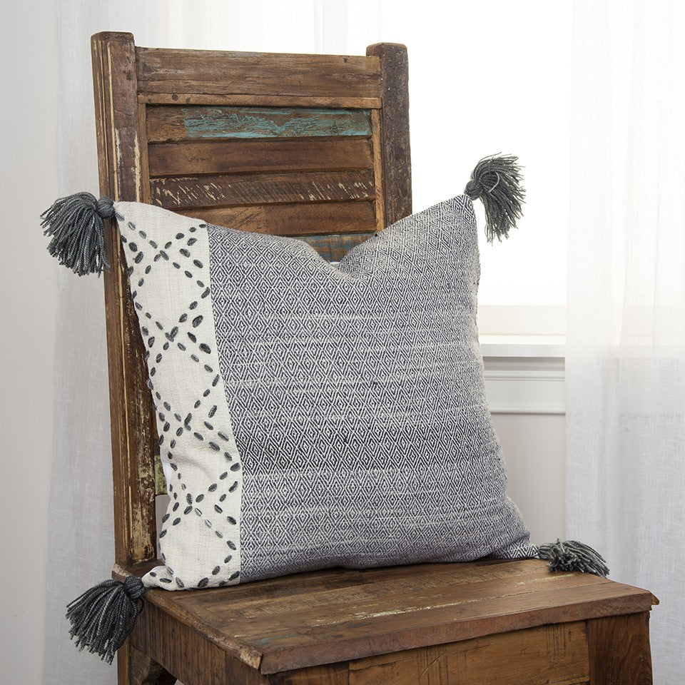 20" Gray and Ivory Herringbone Cotton Throw Pillow With Tassels