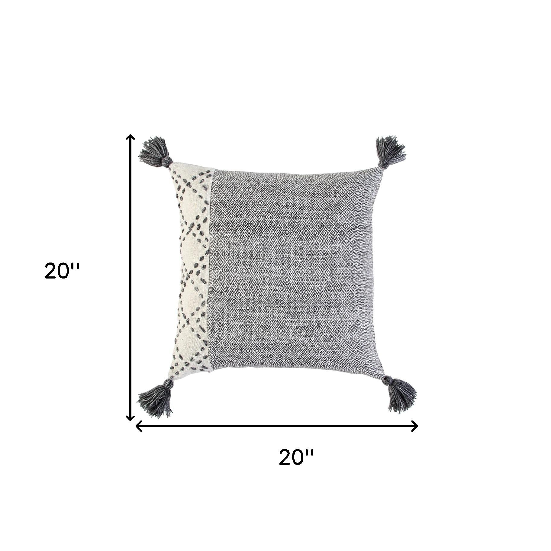 20" Gray and Ivory Herringbone Cotton Throw Pillow With Tassels