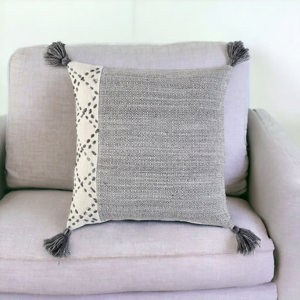 20" Gray and Ivory Herringbone Cotton Throw Pillow With Tassels