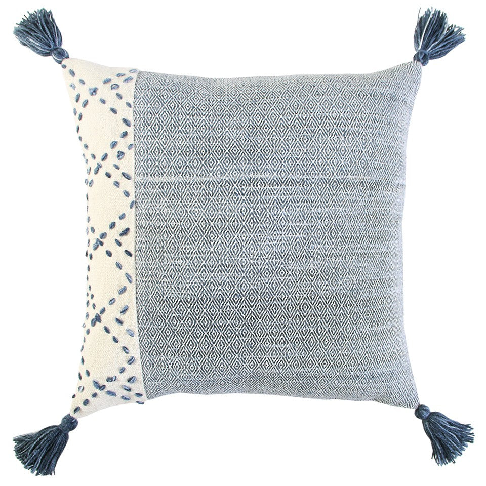 20" Gray and Ivory Herringbone Cotton Throw Pillow With Tassels