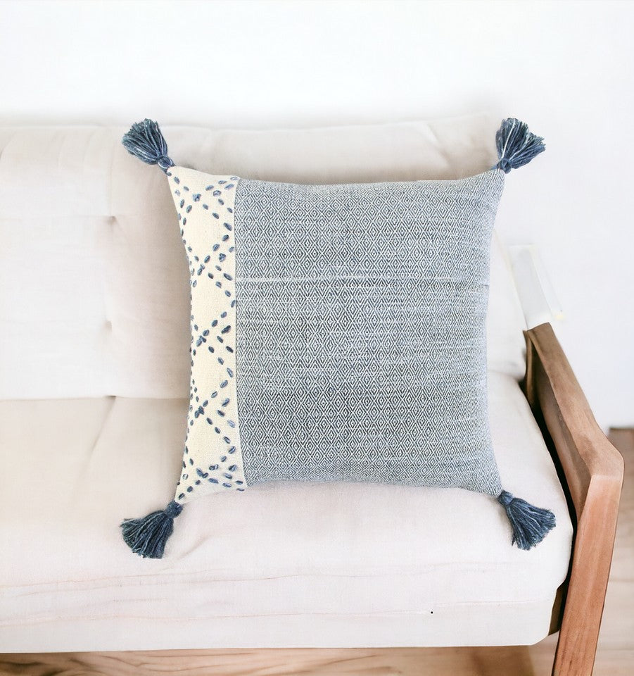 20" Gray and Ivory Herringbone Cotton Throw Pillow With Tassels