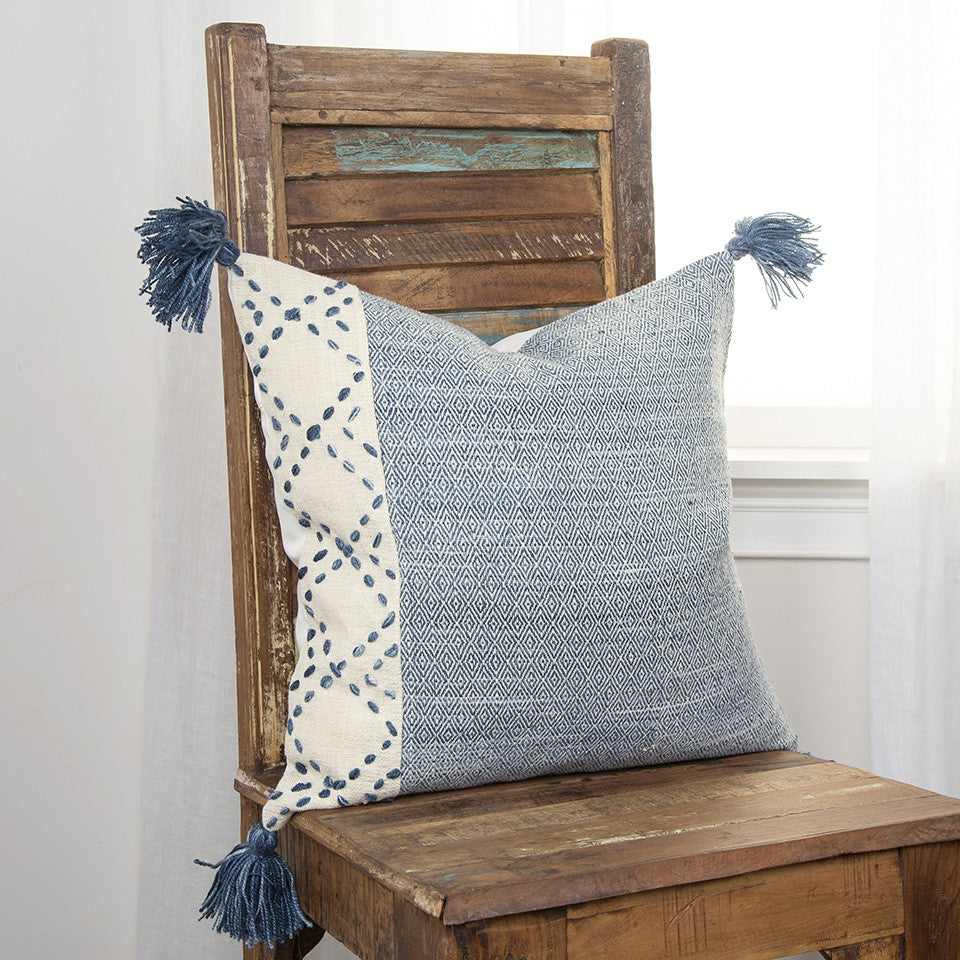 20" Gray and Ivory Herringbone Cotton Throw Pillow With Tassels