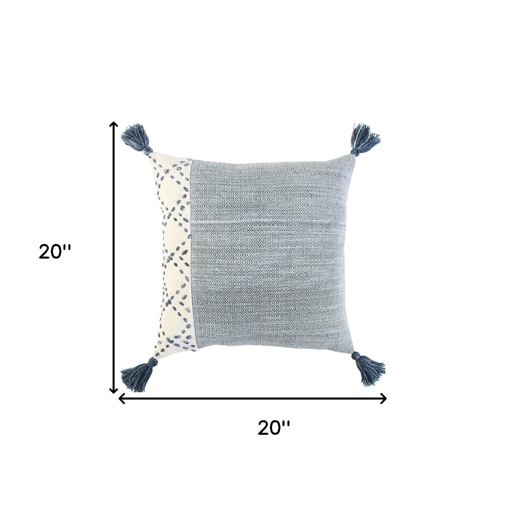 20" Gray and Ivory Herringbone Cotton Throw Pillow With Tassels