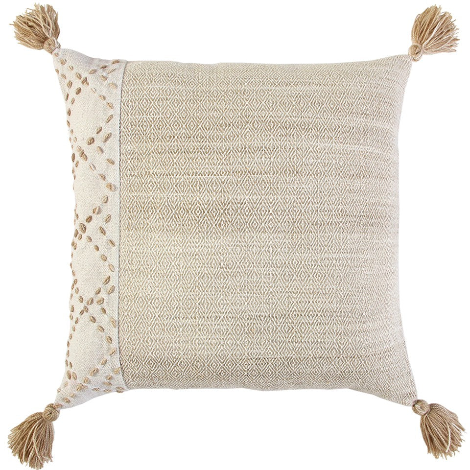 20" Gray and Ivory Herringbone Cotton Throw Pillow With Tassels