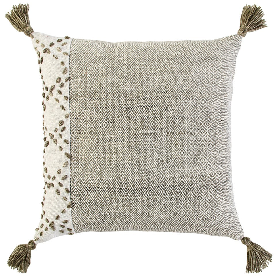 20" Gray and Ivory Herringbone Cotton Throw Pillow With Tassels