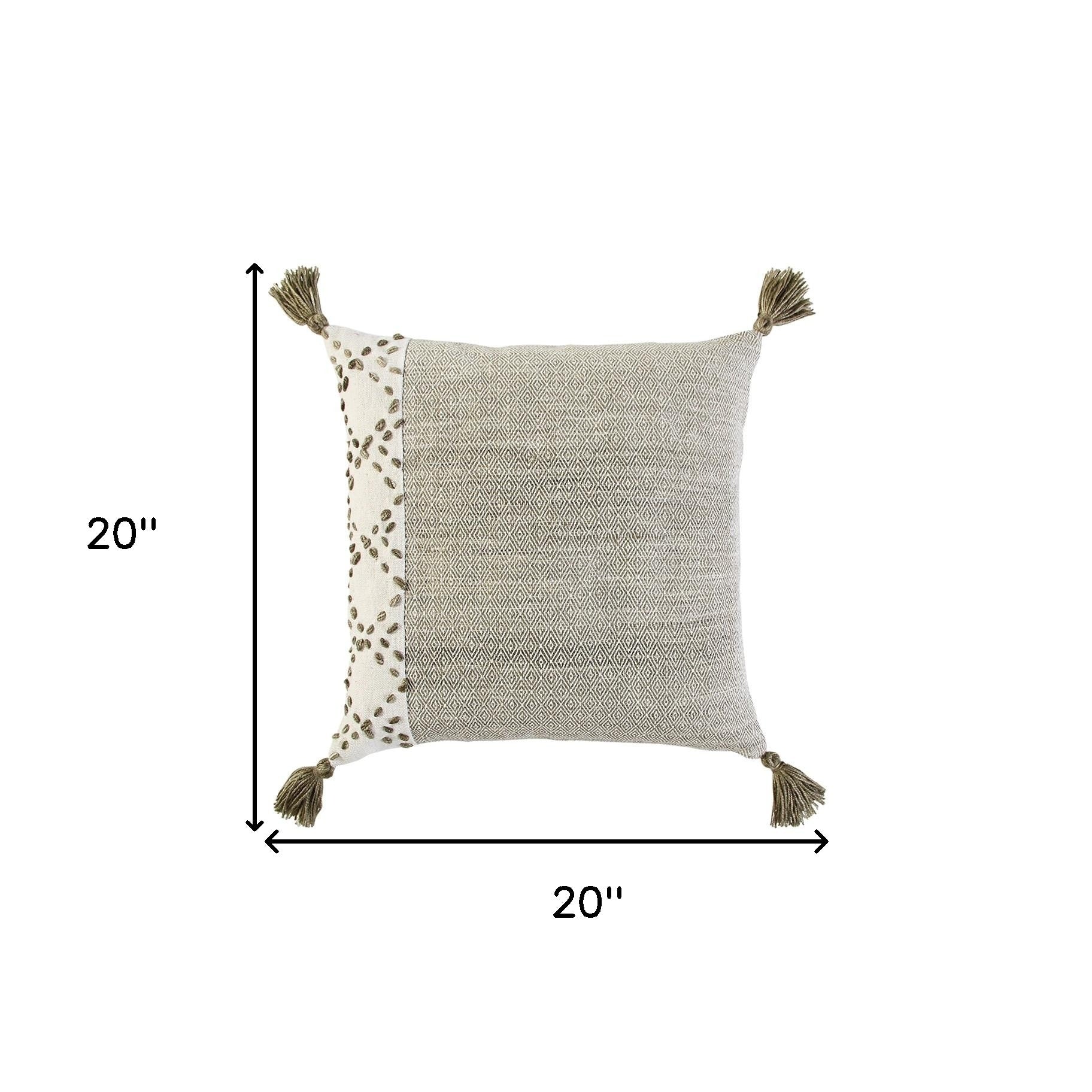 20" Gray and Ivory Herringbone Cotton Throw Pillow With Tassels