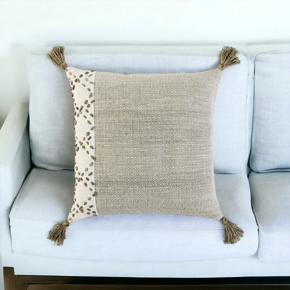 20" Gray and Ivory Herringbone Cotton Throw Pillow With Tassels