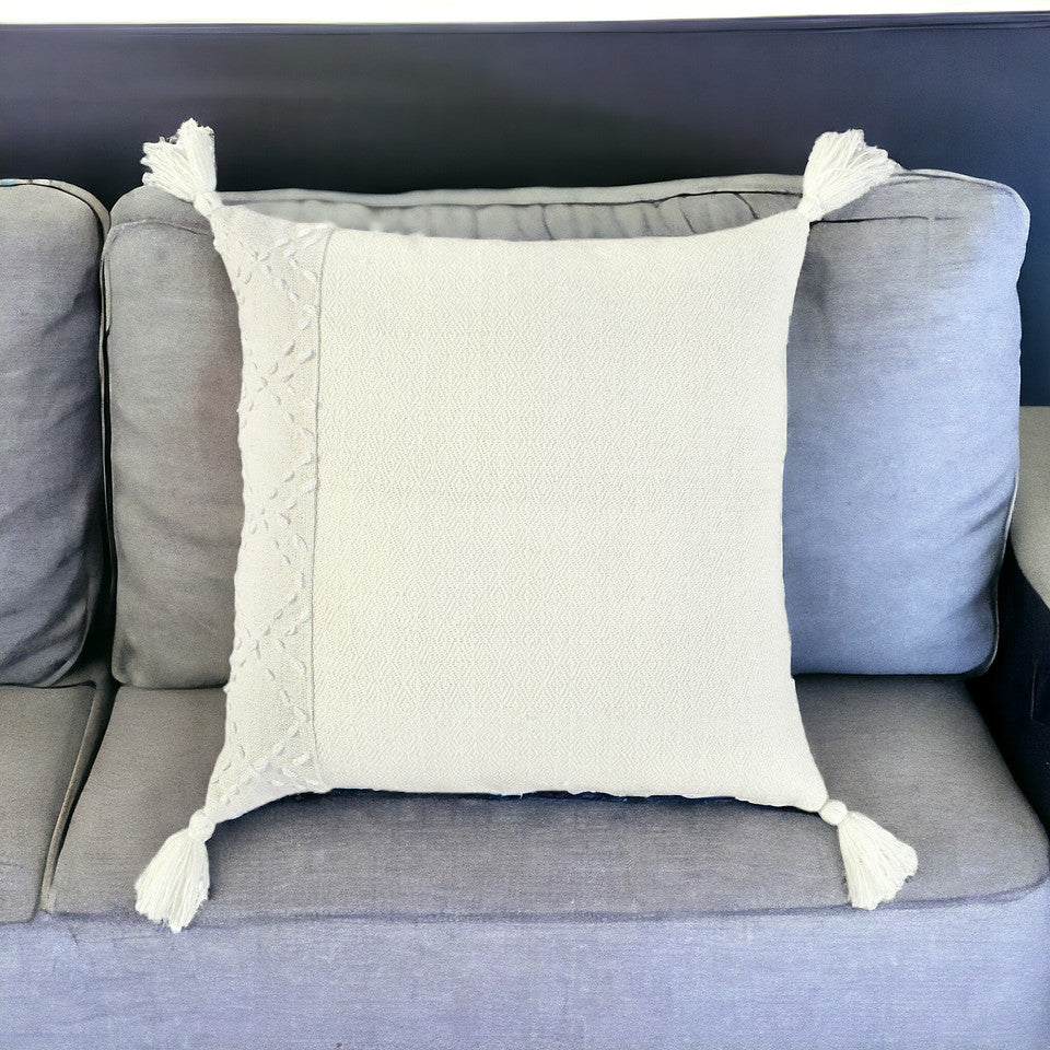 20" Gray and Ivory Herringbone Cotton Throw Pillow With Tassels