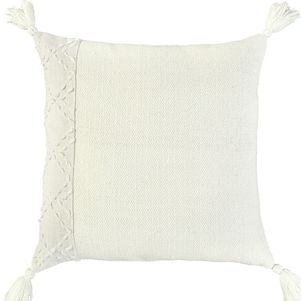 20" Gray and Ivory Herringbone Cotton Throw Pillow With Tassels