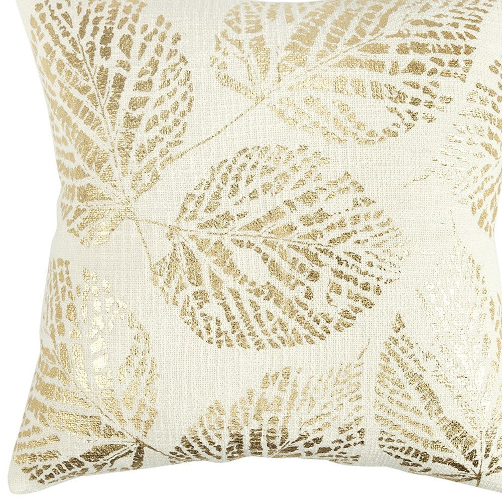 Ivory Gold Metallic Foil Leaf Pattern Throw Pillow